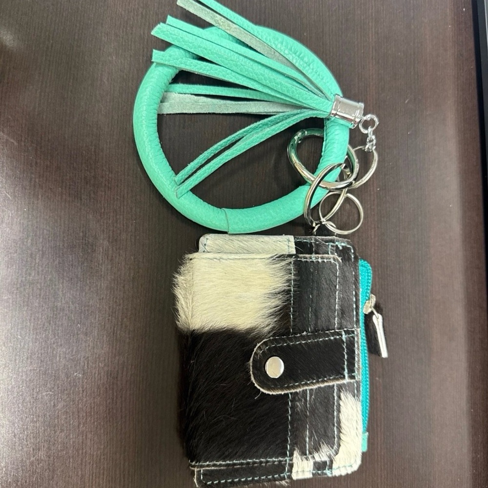 Leather and Hair on Hide Wristlet, Black & White with Aqua Accents - NEW